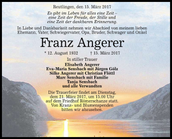 Anzeige von Franz Angerer von Reutlinger General-Anzeiger