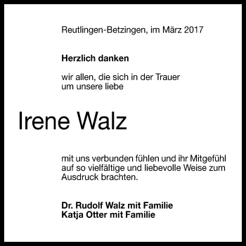 Anzeige von Irene Walz von Reutlinger General-Anzeiger