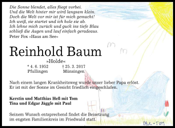 Anzeige von Reinhold Baum von Reutlinger General-Anzeiger