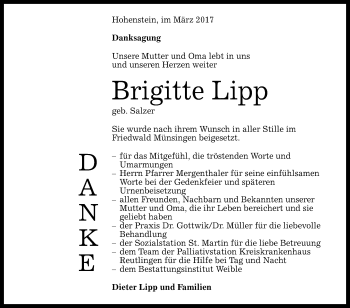 Anzeige von Brigitte Lipp von Reutlinger General-Anzeiger