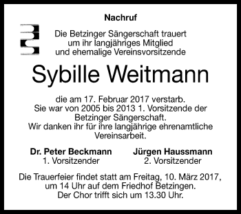 Anzeige von Sybille Weitmann von Reutlinger General-Anzeiger