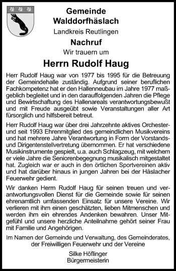 Anzeige von Rudolf Haug von Reutlinger General-Anzeiger