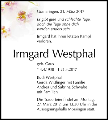 Anzeige von Irmgard Westphal von Reutlinger General-Anzeiger