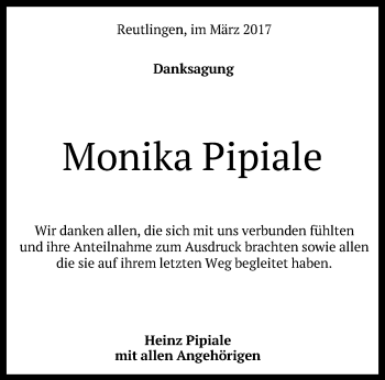 Anzeige von Monika Pipiale von Reutlinger General-Anzeiger