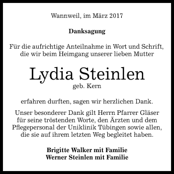 Anzeige von Lydia Steinlen von Reutlinger General-Anzeiger