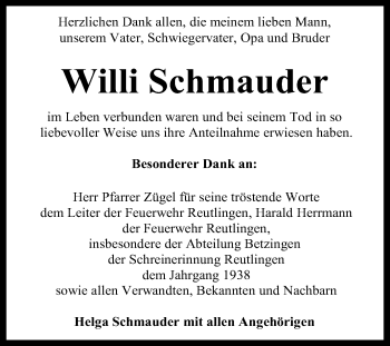 Anzeige von Willi Schmauder von Reutlinger General-Anzeiger