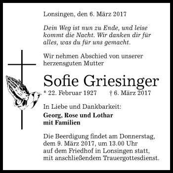 Anzeige von Sofie Griesinger von Reutlinger General-Anzeiger