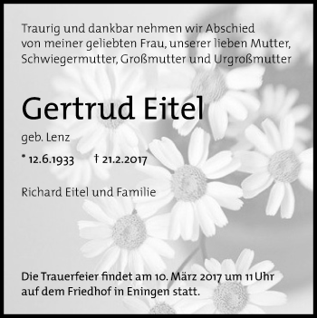 Anzeige von Gertrud Eitel von Reutlinger General-Anzeiger