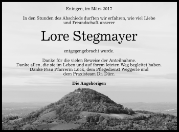Anzeige von Lore Stegmayer von Reutlinger General-Anzeiger
