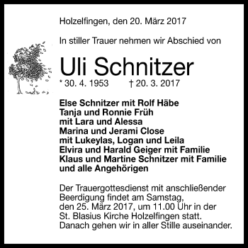 Anzeige von Uli Schnitzer von Reutlinger General-Anzeiger