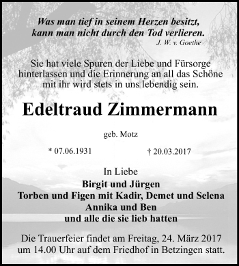 Anzeige von Edeltraud Zimmermann von Reutlinger General-Anzeiger