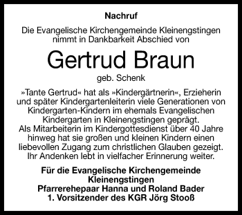 Anzeige von Gertrud Braun von Reutlinger General-Anzeiger