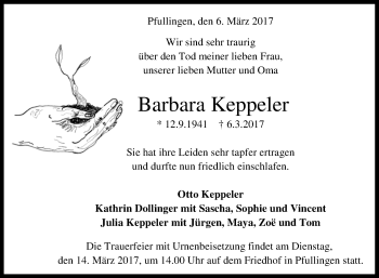 Anzeige von Barbara Keppeler von Reutlinger General-Anzeiger