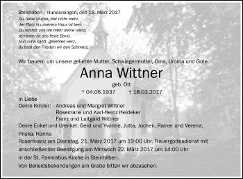 Anzeige von Anna Wittner von Reutlinger General-Anzeiger