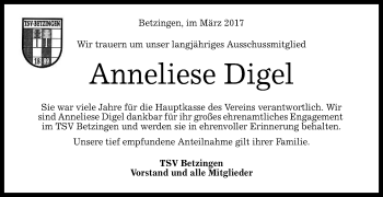 Anzeige von Anneliese Digel von Reutlinger General-Anzeiger