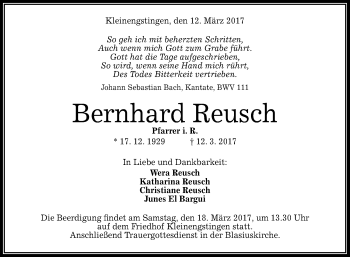 Anzeige von Bernhard Reusch von Reutlinger General-Anzeiger