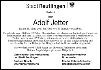 Anzeige von Adolf Jetter von Reutlinger General-Anzeiger