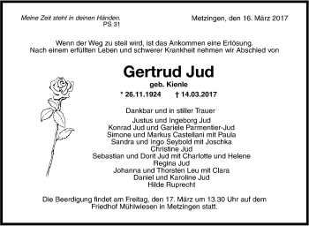 Anzeige von Gertrud Jud von Reutlinger General-Anzeiger