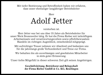 Anzeige von Adolf Jetter von Reutlinger General-Anzeiger