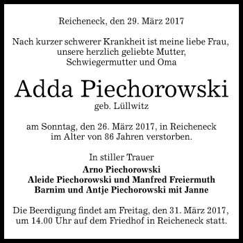 Anzeige von Adda Piechorowski von Reutlinger General-Anzeiger