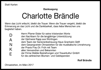 Anzeige von Charlotte Brändle von Reutlinger General-Anzeiger