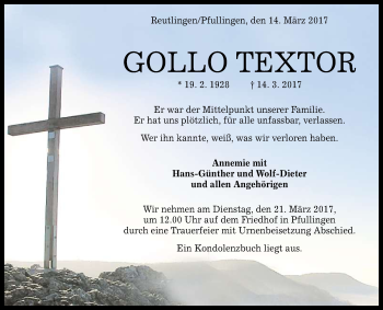Anzeige von Gollo Textor von Reutlinger General-Anzeiger