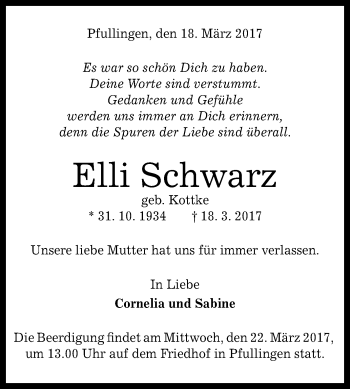 Anzeige von Elli Schwarz von Reutlinger General-Anzeiger