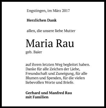 Anzeige von Maria Rau von Reutlinger General-Anzeiger