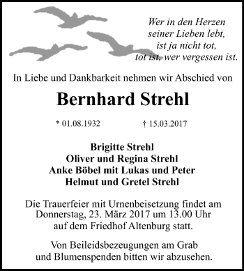 Anzeige von Bernhard Strehl von Reutlinger General-Anzeiger