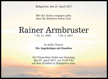 Anzeige von Rainer Armbruster von Reutlinger General-Anzeiger