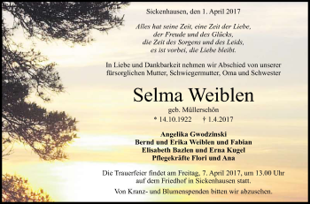 Anzeige von Selma Weiblen von Reutlinger General-Anzeiger