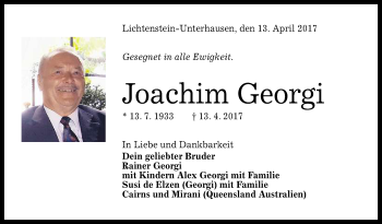 Anzeige von Joachim Georgi von Reutlinger General-Anzeiger