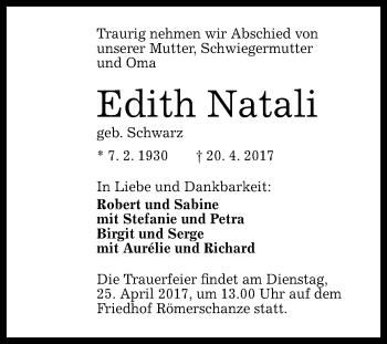 Anzeige von Edith Natali von Reutlinger General-Anzeiger