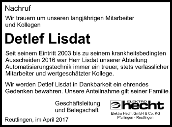 Anzeige von Detlef Lisdat von Reutlinger General-Anzeiger