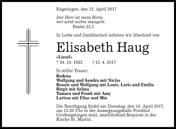 Anzeige von Elisabeth Haug von Reutlinger General-Anzeiger