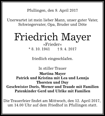 Anzeige von Friedrich Mayer von Reutlinger General-Anzeiger