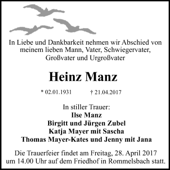 Anzeige von Heinz Manz von Reutlinger General-Anzeiger