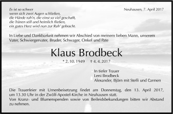 Anzeige von Klaus Brodbeck von Reutlinger General-Anzeiger