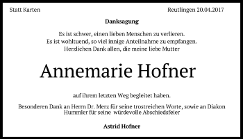 Anzeige von Annemarie Hofner von Reutlinger General-Anzeiger