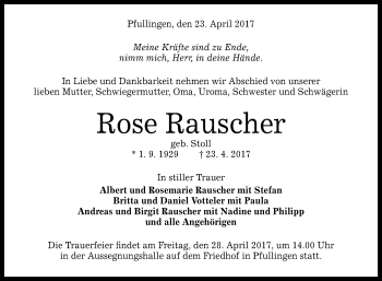 Anzeige von Rose Rauscher von Reutlinger General-Anzeiger