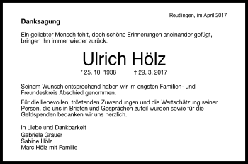 Anzeige von Ulrich Hölz von Reutlinger General-Anzeiger