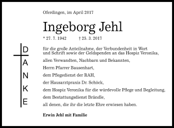 Anzeige von Ingeborg Jehl von Reutlinger General-Anzeiger