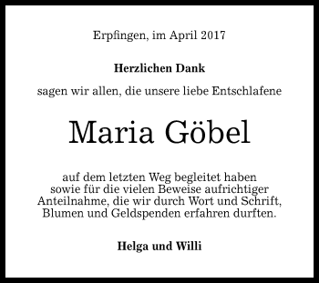 Anzeige von Maria Göbel von Reutlinger General-Anzeiger