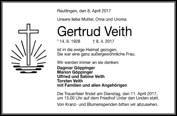 Anzeige von Gertrud Veith von Reutlinger General-Anzeiger