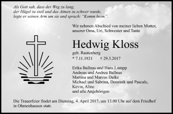 Anzeige von Hedwig Kloss von Reutlinger General-Anzeiger