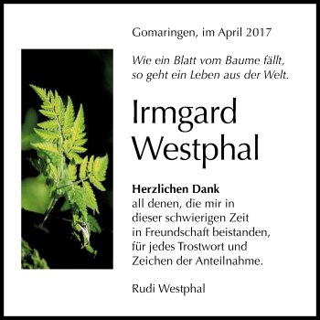 Anzeige von Irmgard Westphal von Reutlinger General-Anzeiger