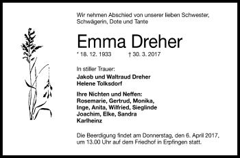 Anzeige von Emma Dreher von Reutlinger General-Anzeiger