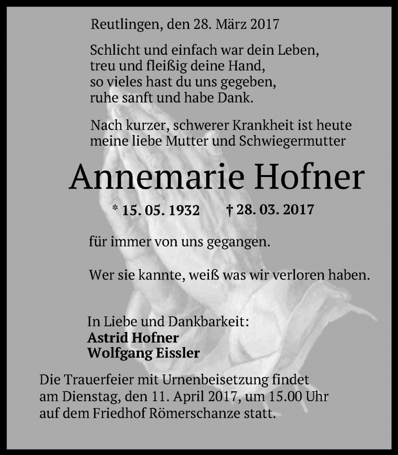  Traueranzeige für Annemarie Hofner vom 08.04.2017 aus Reutlinger General-Anzeiger