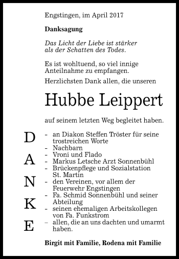 Anzeige von Hubbe Leippert von Reutlinger General-Anzeiger