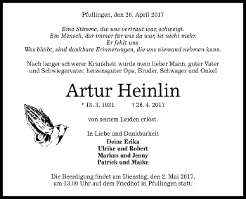 Anzeige von Artur Heinlin von Reutlinger General-Anzeiger